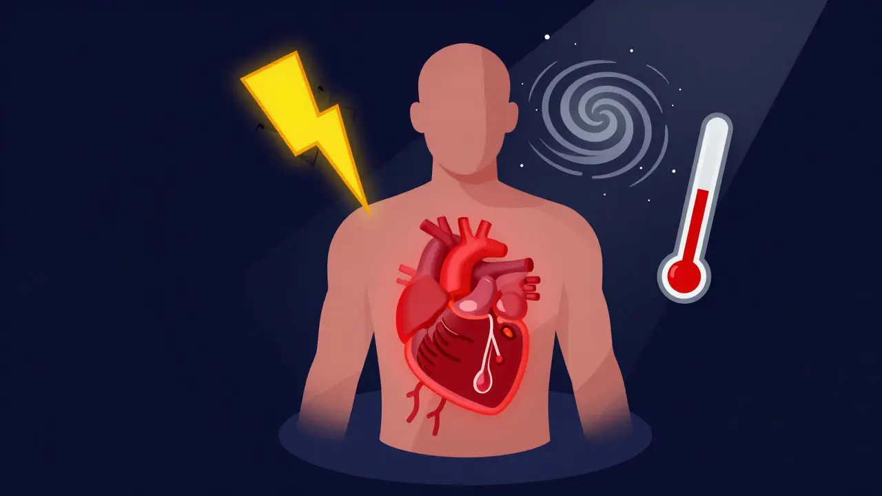 Stylized torso showing heart and airway distress with alarm icons