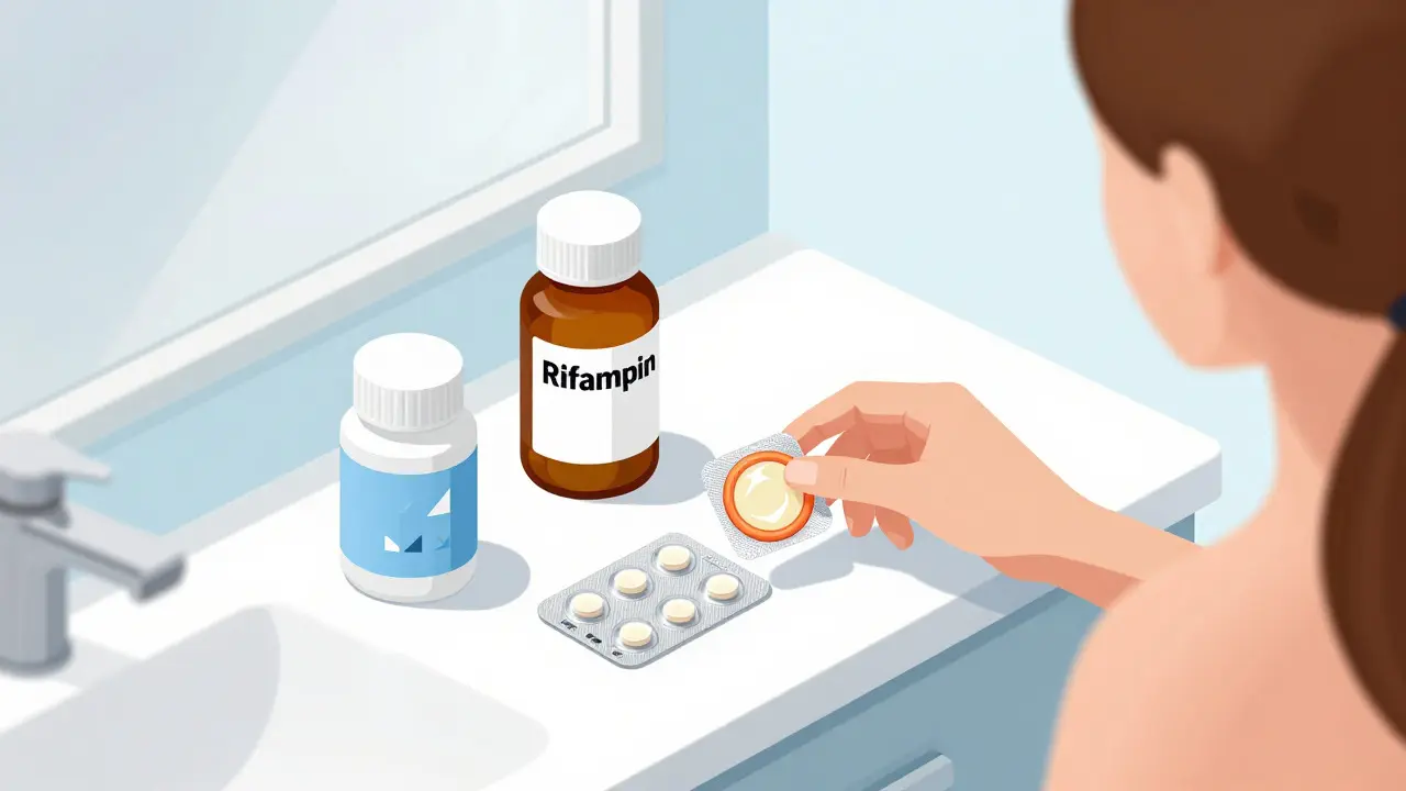 Woman choosing backup contraception next to antibiotic and birth control pills