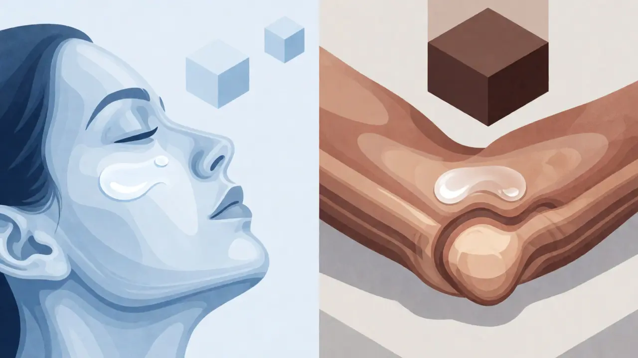 Comparison of steroid absorption on thin facial skin versus thick elbow skin.