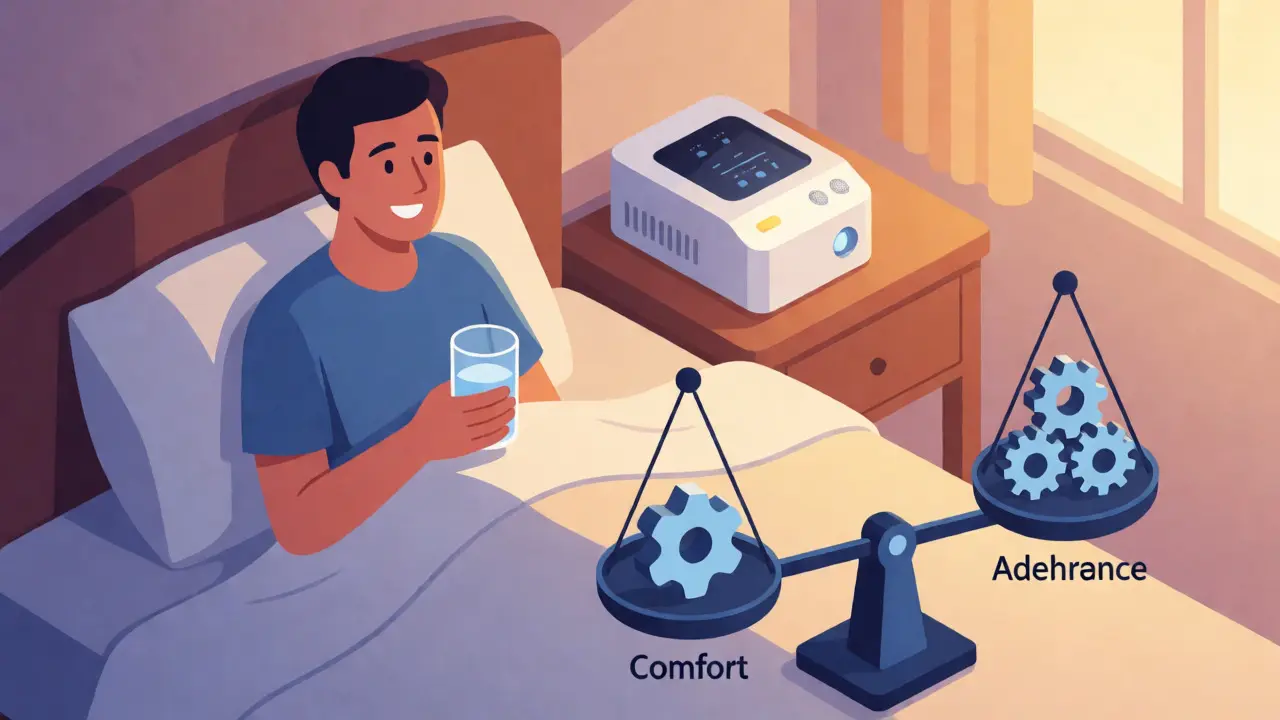 Patient waking up refreshed beside a sleep therapy machine in a sunlit bedroom
