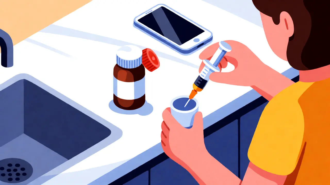 Precise measurement of liquid medicine with a syringe to prevent pediatric overdosing.